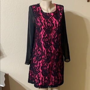 Blck Lace Pink Dress Sz 14 Worthington Long Sleeve
